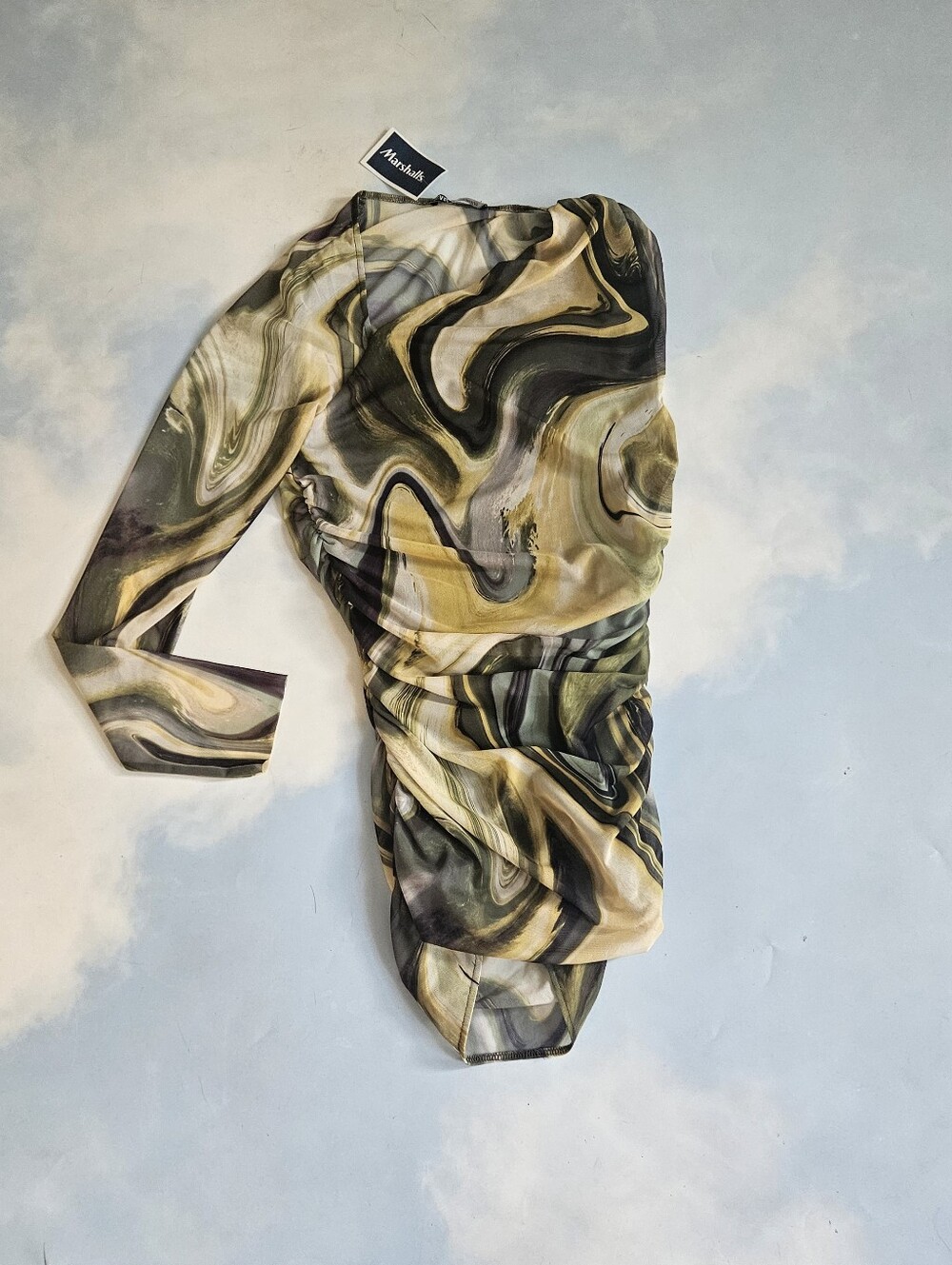Zara Aqua Marble One-Shoulder Dress in Olive & Black Marble Print